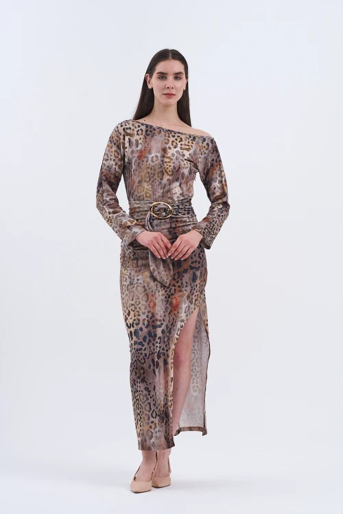Trend Kadın Leopar Desenli Uzun Elbisemiz,