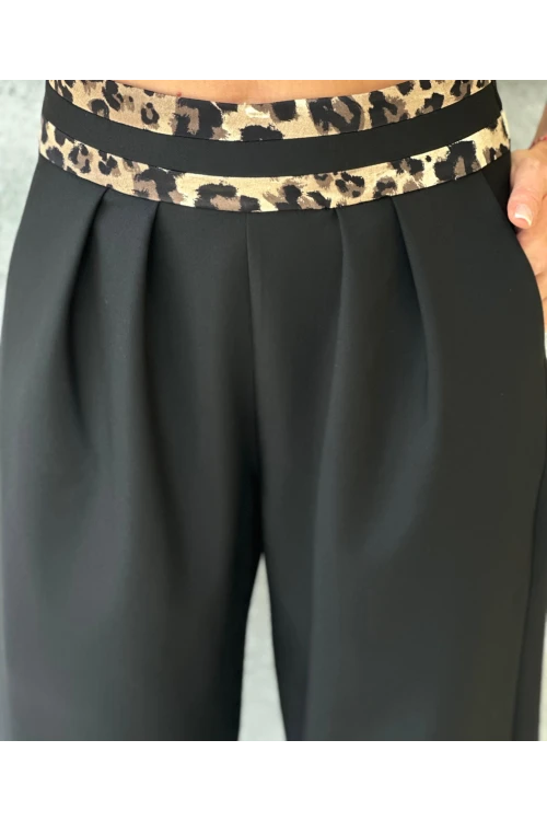 Trend Kadın Önü Düğme Kapamalı Arkası Leopar Desenli Bol Pantolon İkili Takım