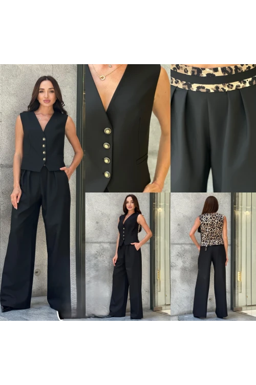 Trend Kadın Önü Düğme Kapamalı Arkası Leopar Desenli Bol Pantolon İkili Takım