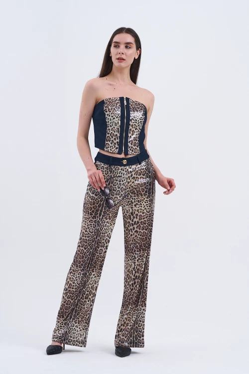 Trend Kadın Özel Tasarım Payetli Leopar İkili Takım