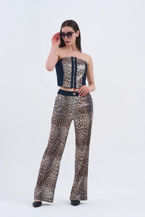 Trend Kadın Özel Tasarım Payetli Leopar İkili Takım