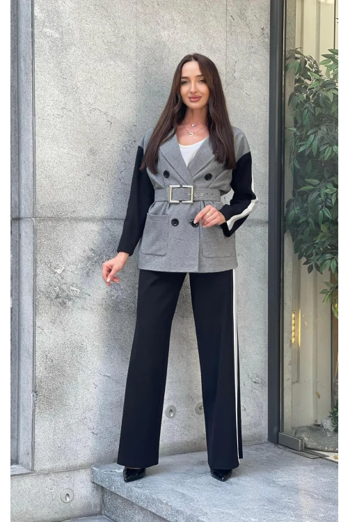 Trend Kadın Özel Tasarım Ribana Kemer Detaylı Pötikare Ceket Pantolon Şık İkili Takım