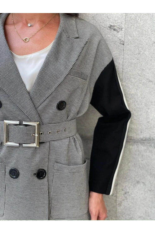 Trend Kadın Özel Tasarım Ribana Kemer Detaylı Pötikare Ceket Pantolon Şık İkili Takım