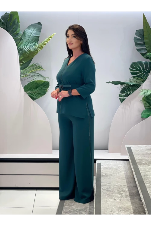 Trend Kadın Özel Tasarım Taşlı Zincir Ve Kemer Detaylı Bluz Pantolon Kadın İkili Takım