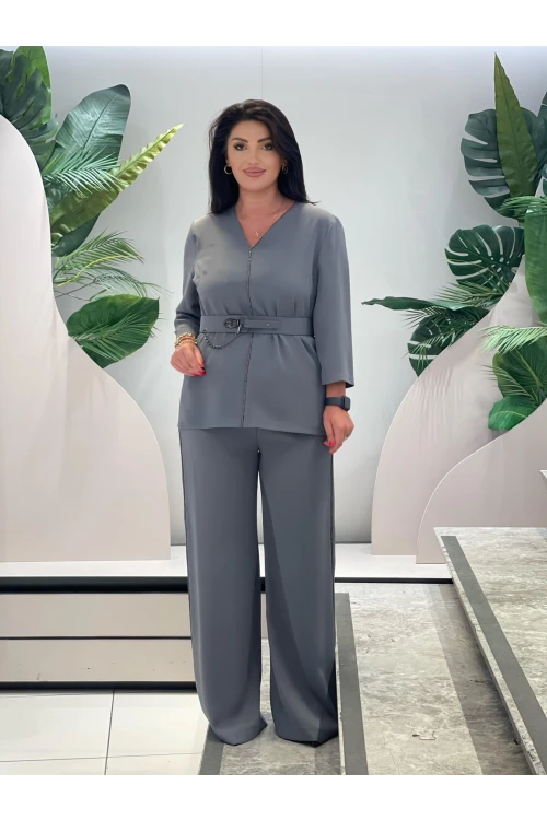 Trend Kadın Özel Tasarım Taşlı Zincir Ve Kemer Detaylı Bluz Pantolon Kadın İkili Takım