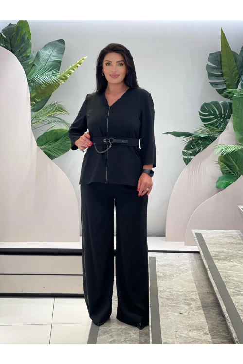 Trend Kadın Özel Tasarım Taşlı Zincir Ve Kemer Detaylı Bluz Pantolon Kadın İkili Takım