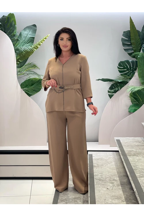 Trend Kadın Özel Tasarım Taşlı Zincir Ve Kemer Detaylı Bluz Pantolon Kadın İkili Takım