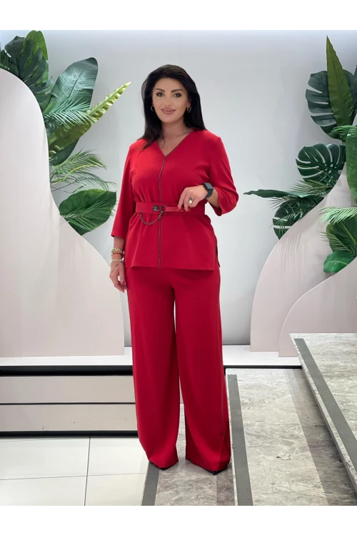 Trend Kadın Özel Tasarım Taşlı Zincir Ve Kemer Detaylı Bluz Pantolon Kadın İkili Takım