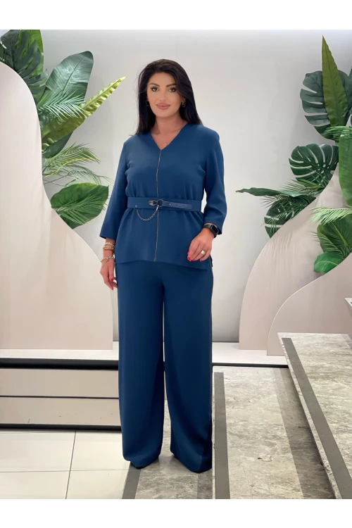 Trend Kadın Özel Tasarım Taşlı Zincir Ve Kemer Detaylı Bluz Pantolon Kadın İkili Takım