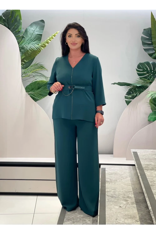 Trend Kadın Özel Tasarım Taşlı Zincir Ve Kemer Detaylı Bluz Pantolon Kadın İkili Takım