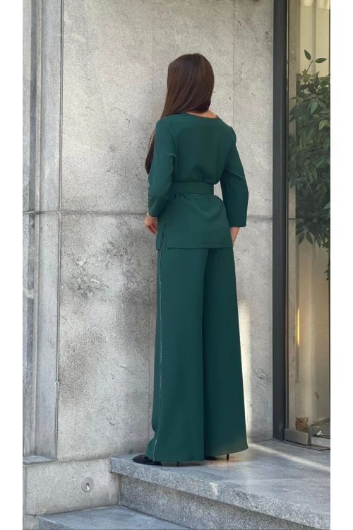 Trend Kadın Özel Tasarım Taşlı Zincir Ve Kemer Detaylı Bluz Pantolon Kadın İkili Takım