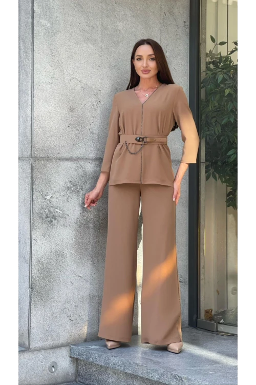 Trend Kadın Özel Tasarım Taşlı Zincir Ve Kemer Detaylı Bluz Pantolon Kadın İkili Takım