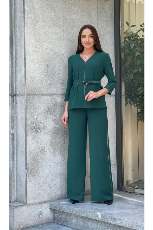 Trend Kadın Özel Tasarım Taşlı Zincir Ve Kemer Detaylı Bluz Pantolon Kadın İkili Takım