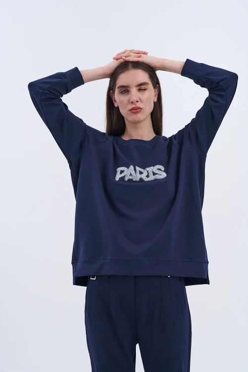Trend Kadın Paris Yazılı Sweatshirt
