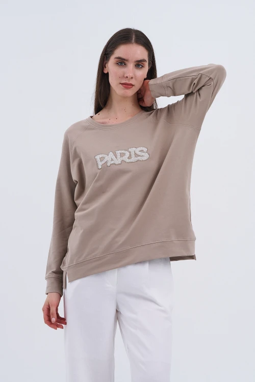 Trend Kadın Paris Yazılı Sweatshirt