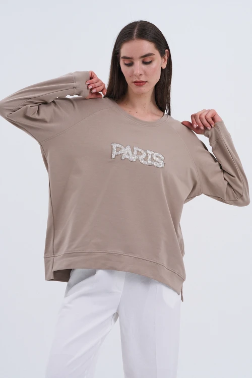 Trend Kadın Paris Yazılı Sweatshirt