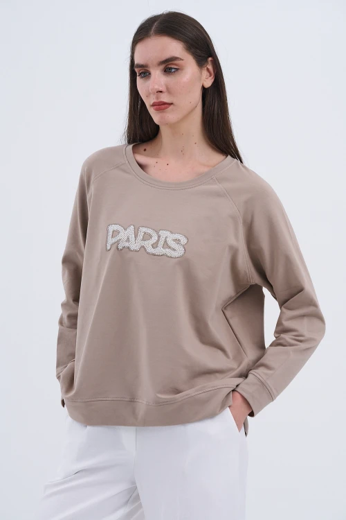 Trend Kadın Paris Yazılı Sweatshirt