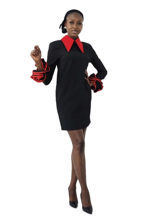 Trend Kadın Uzun Kol Gömlek Yaka Kolları Fırfırlı Şık Elbise