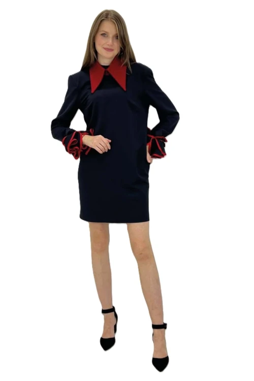 Trend Kadın Uzun Kol Gömlek Yaka Kolları Fırfırlı Şık Elbise