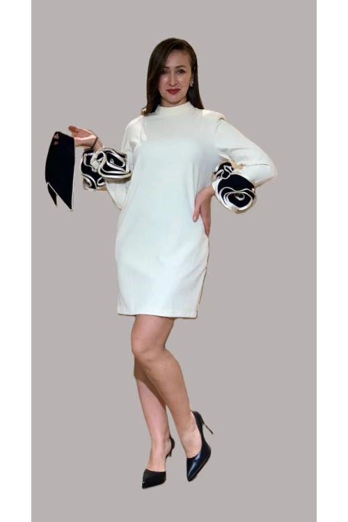 Trend Kadın Uzun Kol Gömlek Yaka Kolları Fırfırlı Şık Elbise