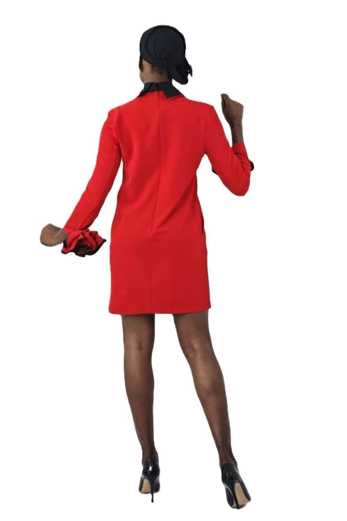 Trend Kadın Uzun Kol Gömlek Yaka Kolları Fırfırlı Şık Elbise