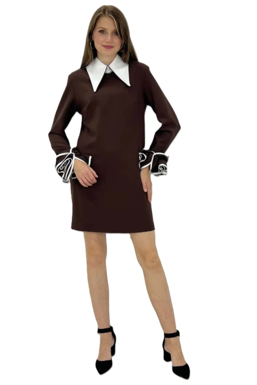 Trend Kadın Uzun Kol Gömlek Yaka Kolları Fırfırlı Şık Elbise