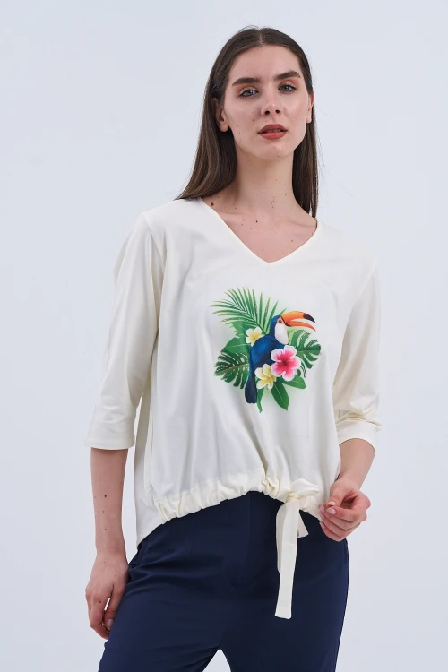 Trend Kadın Yeni Sezonun İncisi Tropikal Baskılı Bluz