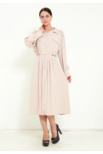 Modatalika Kadın Pile Detaylı Kemerli Gömlek Yaka Şık Uzun Kolu Midi Elbise