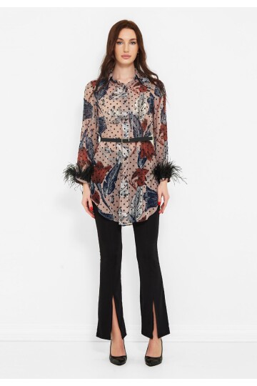 Modatalika Kadın Kolları Tüy Detaylı Gömlek