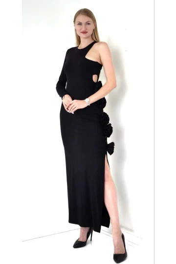 Modatalika Kadın Tek Kollu Gül Detaylı Uzun Şık Abiye Elbise