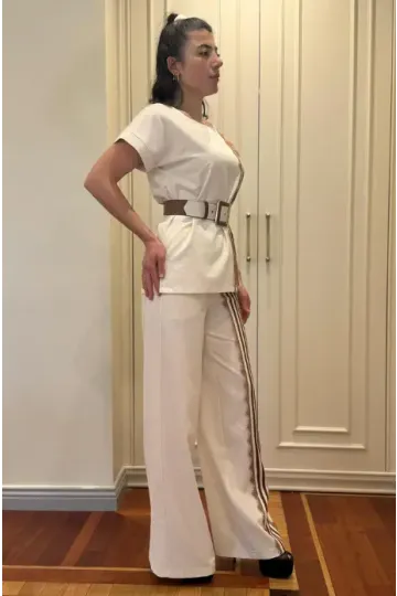 Trend Kadın Krem Keten Dokulu Bol Paça Pantolon ve Kısa Kollu Bluz Takımı