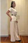 Trend Kadın Krem Keten Dokulu Bol Paça Pantolon ve Kısa Kollu Bluz Takımı