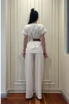 Trend Kadın Krem Keten Dokulu Bol Paça Pantolon ve Kısa Kollu Bluz Takımı