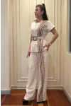 Trend Kadın Krem Keten Dokulu Bol Paça Pantolon ve Kısa Kollu Bluz Takımı