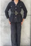 Trend Kadın Siyah Kendinden Desenli Kemerli ve Altın Düğmeli Pantolonlu İkili Takım